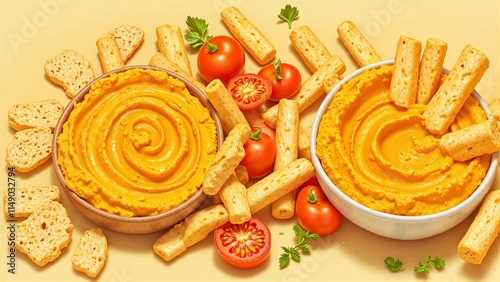 Bowls of hummus with breadsticks and cherry tomatoes on a colorful background