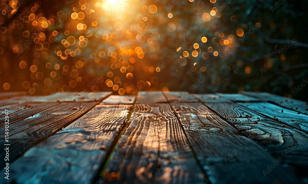 Old wooden table with blurred sunset background and bokeh lights