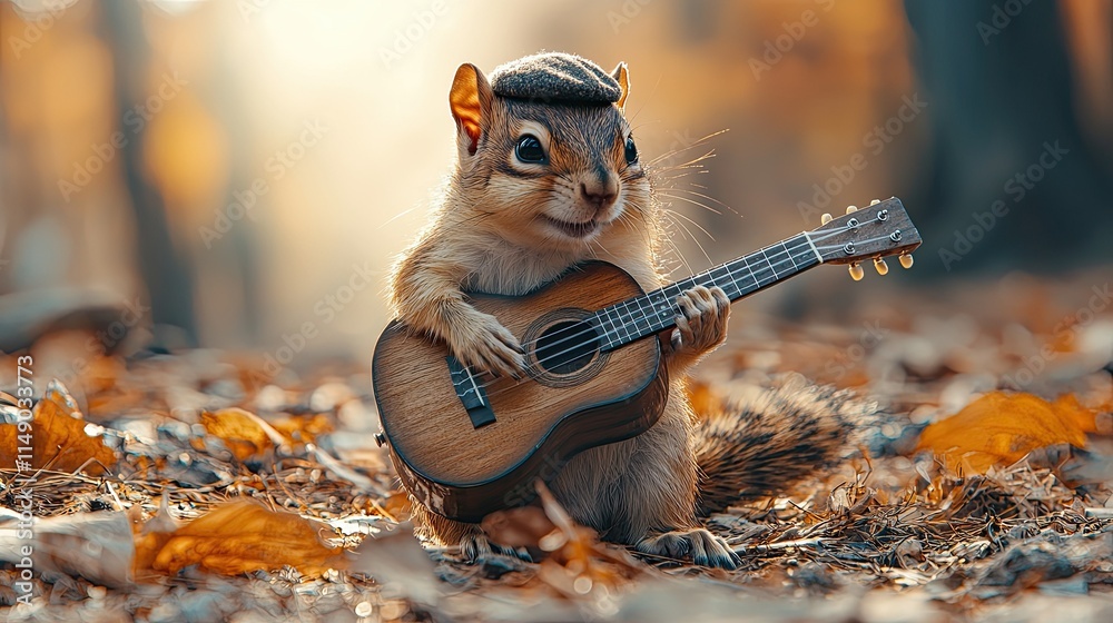 A whimsical squirrel playing a guitar in a forest during autumn. A whimsical squirrel playing a guitar in a forest during autumn.
