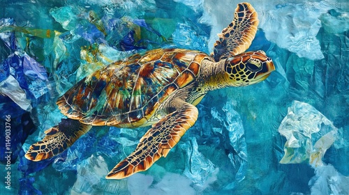Sea turtle swimming amidst ocean plastic debris highlighting marine ecology and environmental pollution