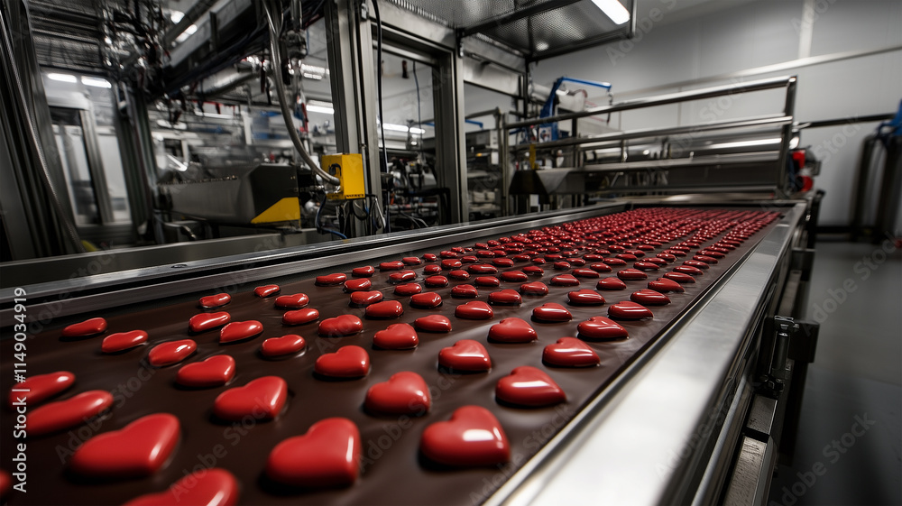 Obraz premium バレンタイン用のハート型チョコレートを大量生産する工場の風景