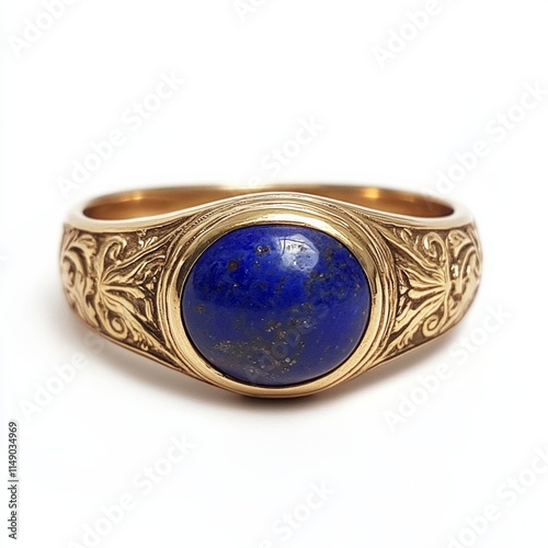 Intricate gold ring with lapis lazuli gemstone – ornate floral design photo