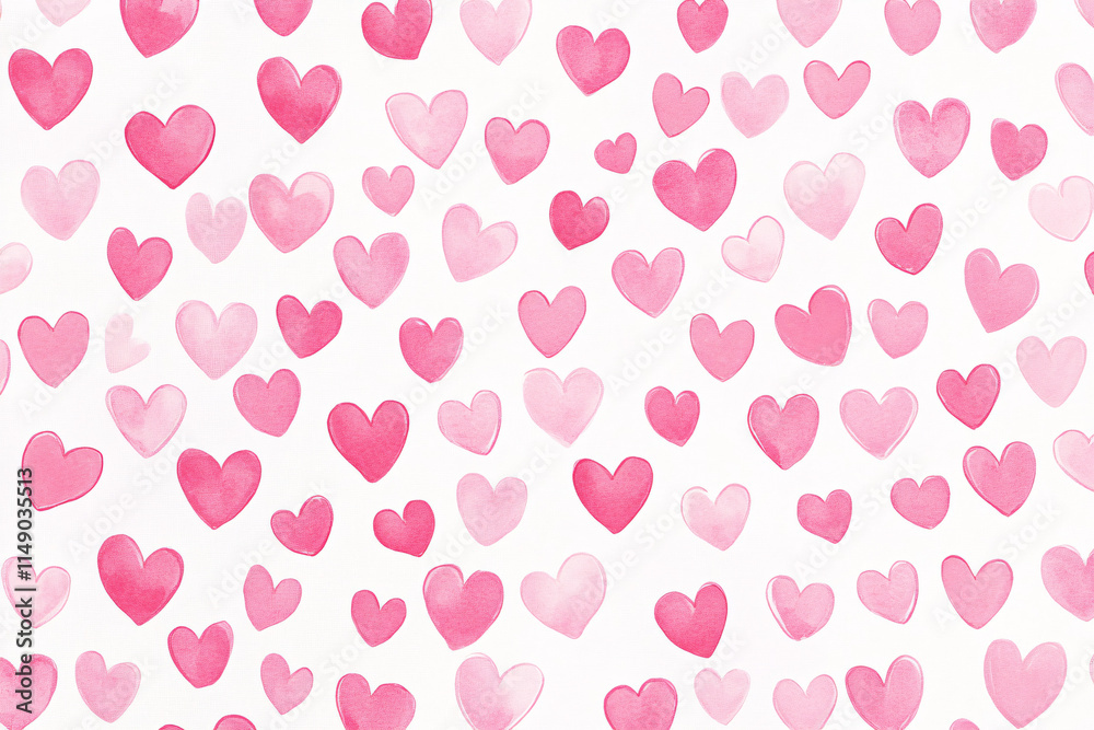 Seamless pattern of soft pink watercolor hearts in gradient tones scattered across a white background representing love
Seamless pattern of soft pink watercolor hearts in gradient tones scattered across a white background representing love