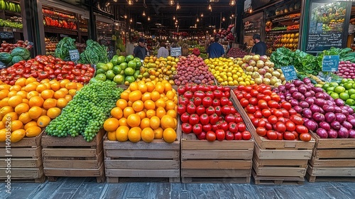 A vibrant market display showcasing a variety of fresh fruits in wooden crates.