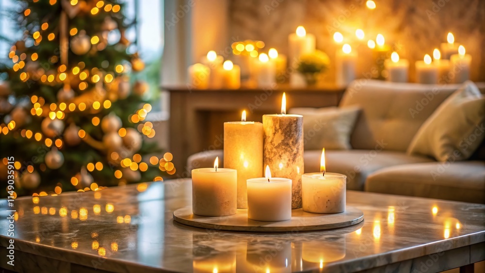Festive Marble Candles on Coffee Table, Christmas Living Room Decor Festive Marble Candles on Coffee Table, Christmas Living Room Decor