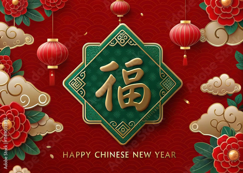 Luxurious Chinese New Year Background with Lanterns, Flowers, and Gold Accents