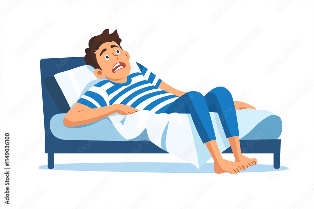 Illustration of a man lying in bed looking worried wearing a striped shirt and blue pants on a white background
Illustration of a man lying in bed looking worried wearing a striped shirt and blue pants on a white background