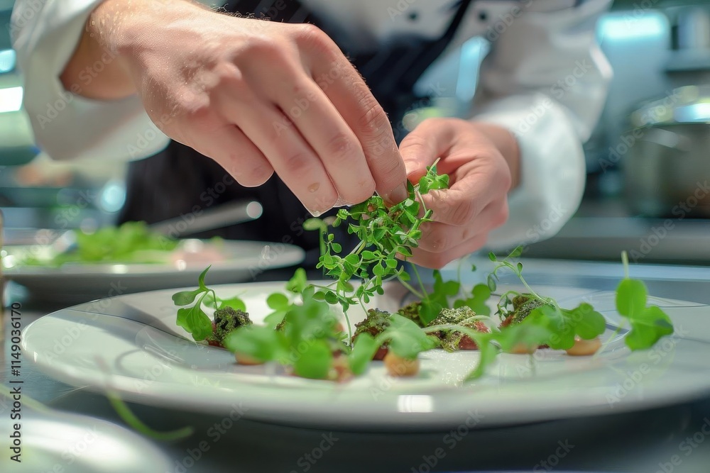 A chef garnishing a plate with fresh microgreens in a professional kitchen setting. A chef garnishing a plate with fresh microgreens in a professional kitchen setting.