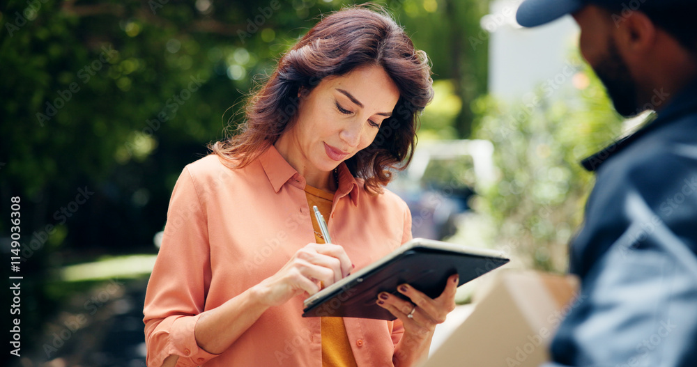 Fototapeta premium Courier, digital signature and tablet with woman and delivery man for shipping, ecommerce and supply chain. Online shopping order, logistics and distribution with people at home for package and cargo