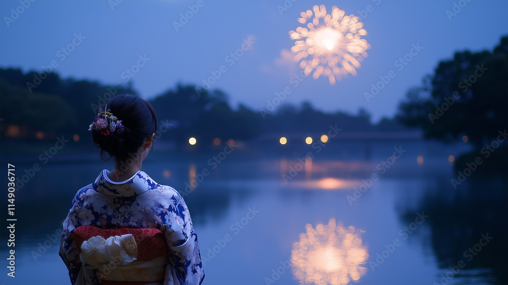 日本の神社の裏庭から眺める打ち上げ花火と伝統的な祭りの夜空 日本の神社の裏庭から眺める打ち上げ花火と伝統的な祭りの夜空