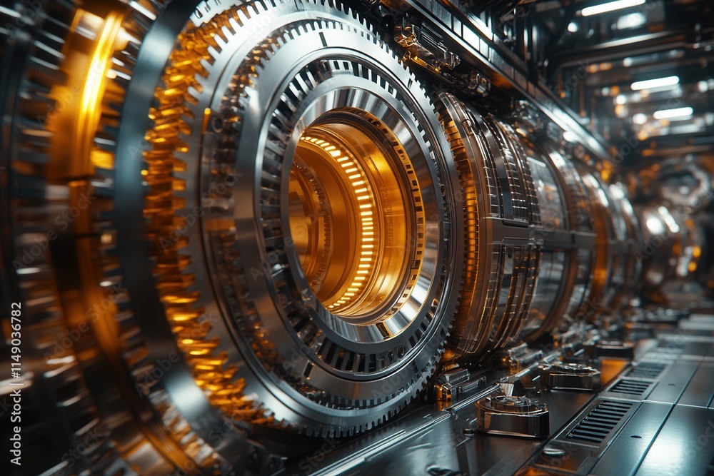 Close-up view of intricate metallic machinery with glowing components. Close-up view of intricate metallic machinery with glowing components.