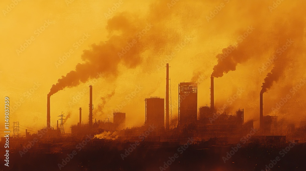 Industrial smokestacks emitting thick smoke into orange sky illustrating ecology and environmental pollution Industrial smokestacks emitting thick smoke into orange sky illustrating ecology and environmental pollution