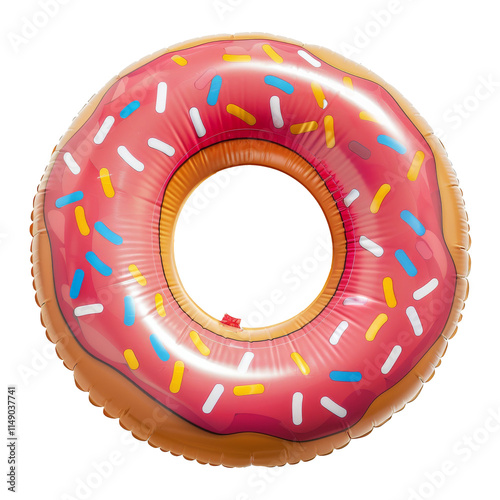 Top view of a doughnut-shaped floaty, floating and laying flat a white background.