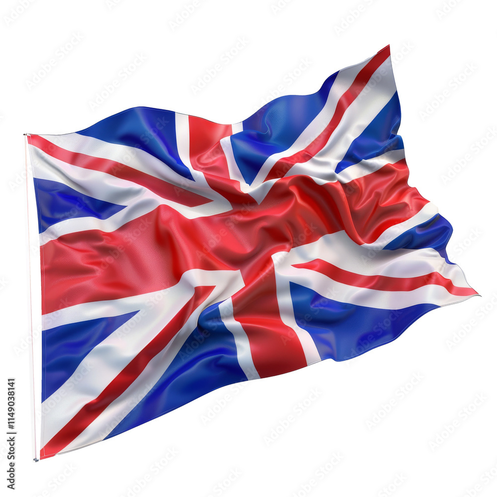 of the United Kingdom flag waving gracefully over a white background, capturing of the United Kingdom flag waving gracefully over a white background, capturing