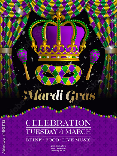 mardi gras party poster with crown and mask. carnival celebration flyer