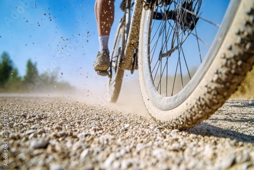 A close-up of a bicycle tire kicking up dust on a gravel path.