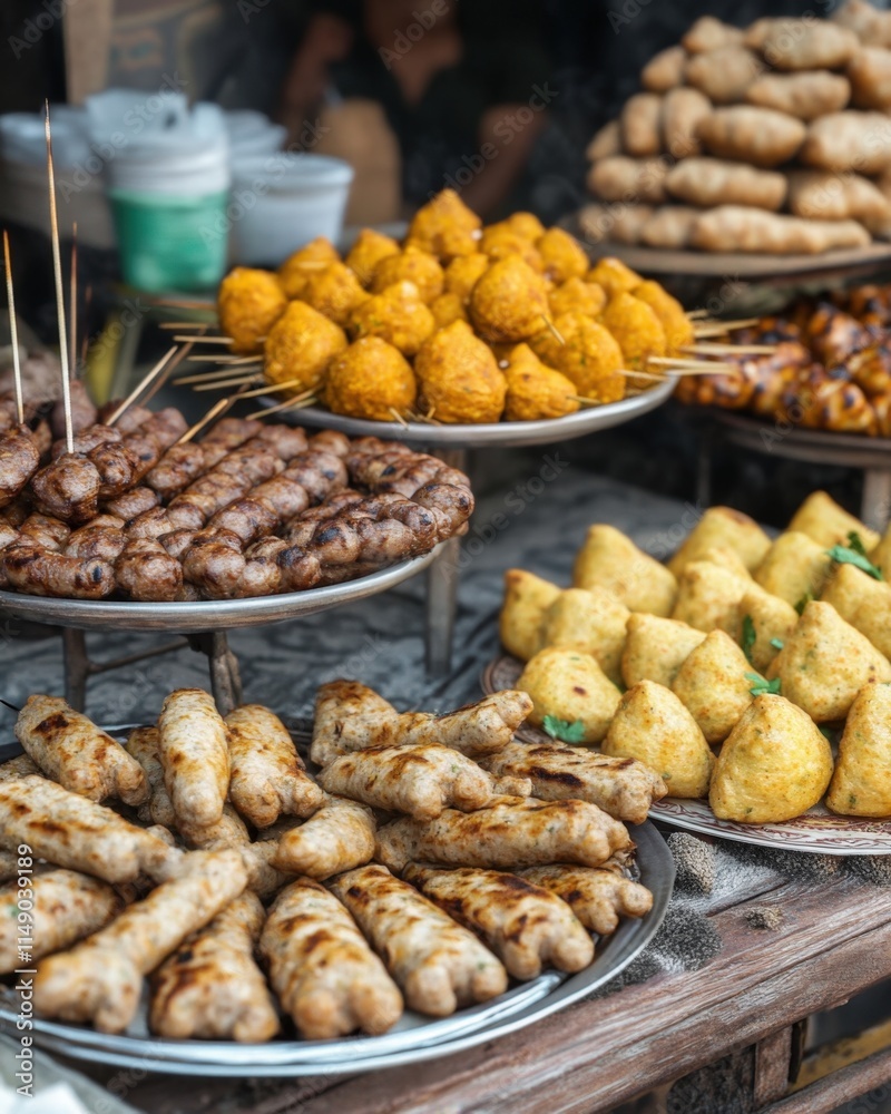 Assorted grilled meats and fried snacks on display at a food stall. Assorted grilled meats and fried snacks on display at a food stall.