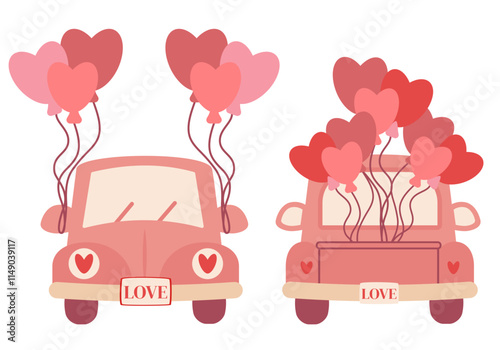 Red retro car with gift boxes stacked on top. Happy Valentine's Day greeting card design. Flat vector illustration with a love theme