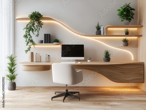 Levanto home office with floating desk glowing shelves and cascading plants