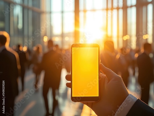 A glowing event agenda displayed on a phone at a sunny conference center, attendees mingling in the background