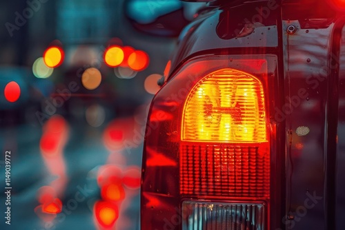 A close-up of a car's red tail light with blurred traffic in the background.