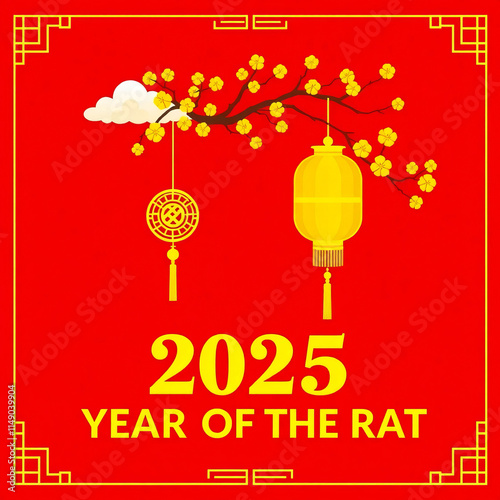 2025 Year of the Rat Festive Red Background with Yellow Blossoms and Lantern