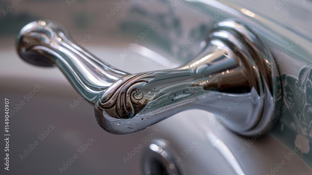A close-up of a decorative chrome faucet handle in a bathroom setting. A close-up of a decorative chrome faucet handle in a bathroom setting.