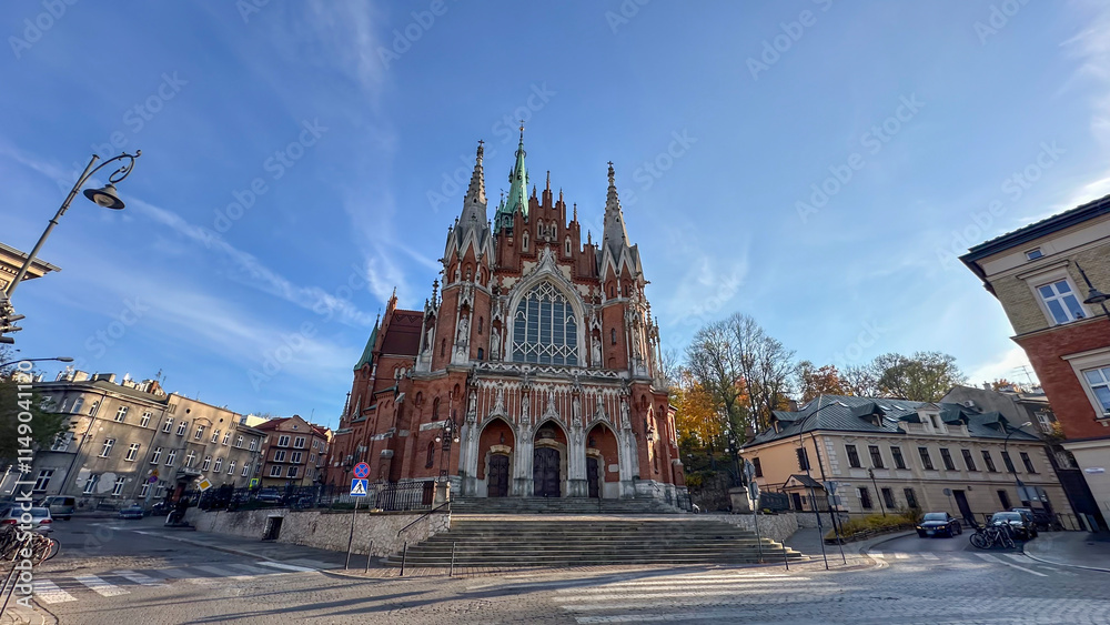 Naklejka premium Krakow Old Town St. Mary's Basilica Main Market Square St Florians gate and Barbakan Royal Castle St. Joseph's Church