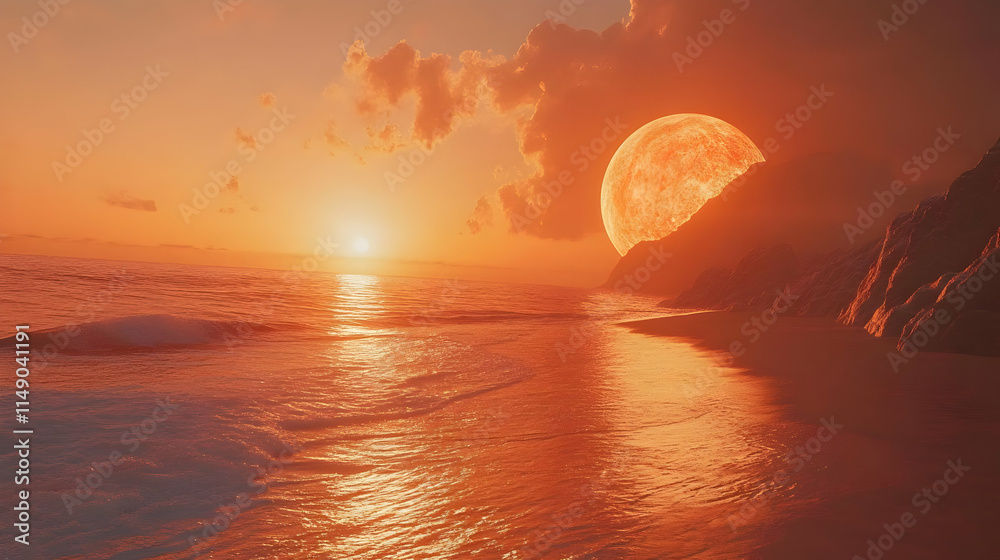 Orange Sunset Ocean Beach 3D Illustration Orange Sunset Ocean Beach 3D Illustration