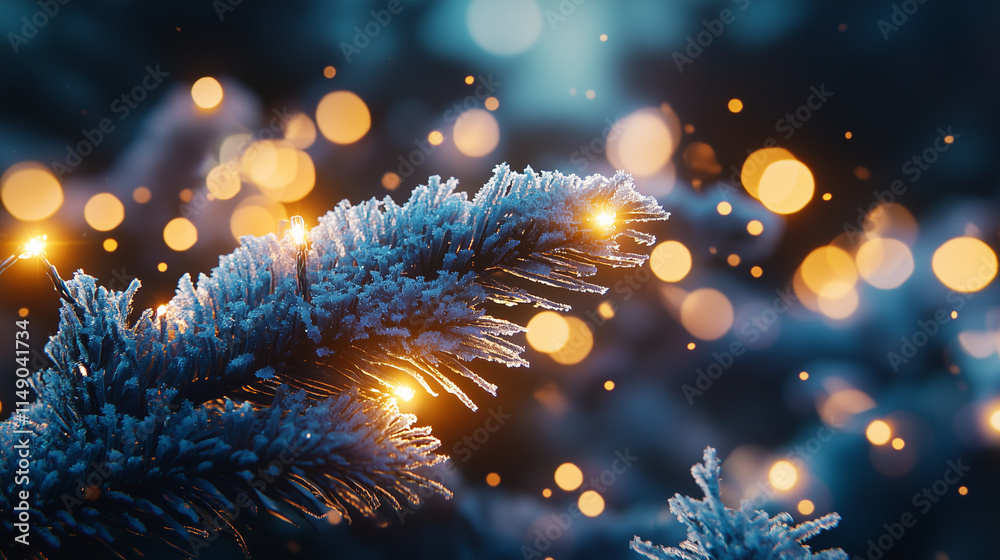 Fototapeta premium Frosted Pine Branches with Fairy Lights in Winter Wonderland