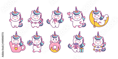 Cute unicorn concept flat illustration set. Includes of dancing unicorn with a rainbow, unicorn sleeping on a moon, and unicorn eating donut. Vector illustration isolated transparent background