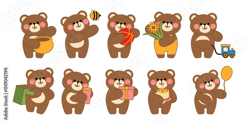 Cute Bear concept flat illustration set. Includes of chibi bear style, bear holding a gift, and bear reading a book. Vector illustration isolated transparent background