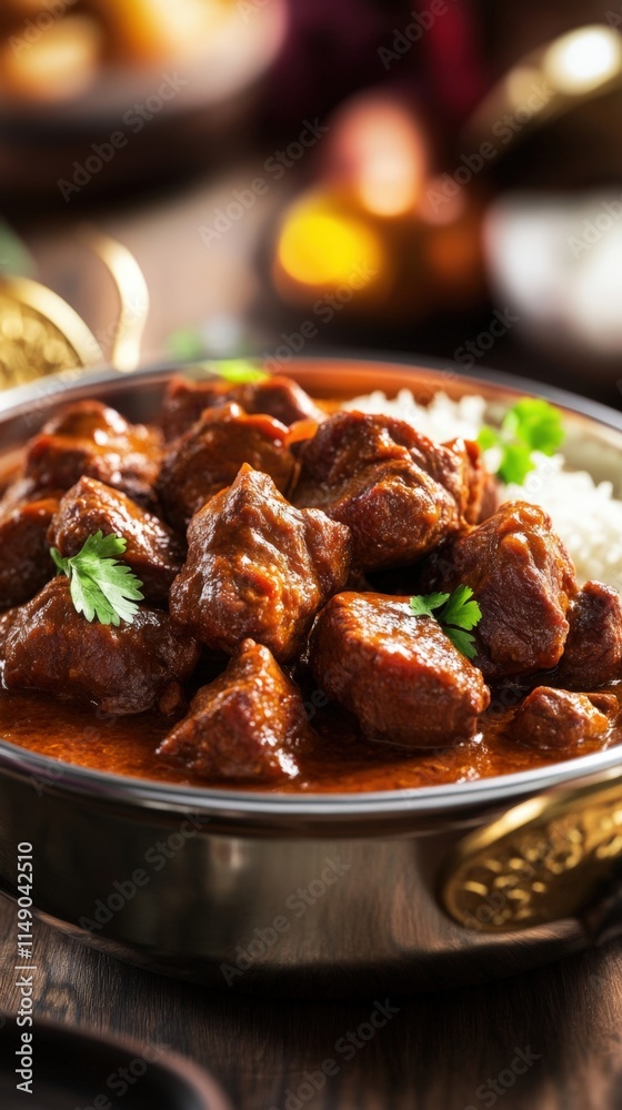 Close-up of delicious beef curry served with rice in a metallic bowl. Close-up of delicious beef curry served with rice in a metallic bowl.