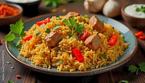 A plate of spicy chicken curry with basmati rice, garnished with fresh cilantro. The dish is surrounded by various Indian spices and ingredients like chili peppers, garlic, and whole spices photo