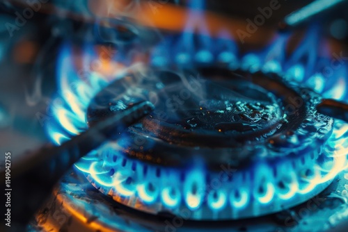 A close-up of a gas stove burner ignited with blue flames and smoke rising. photo