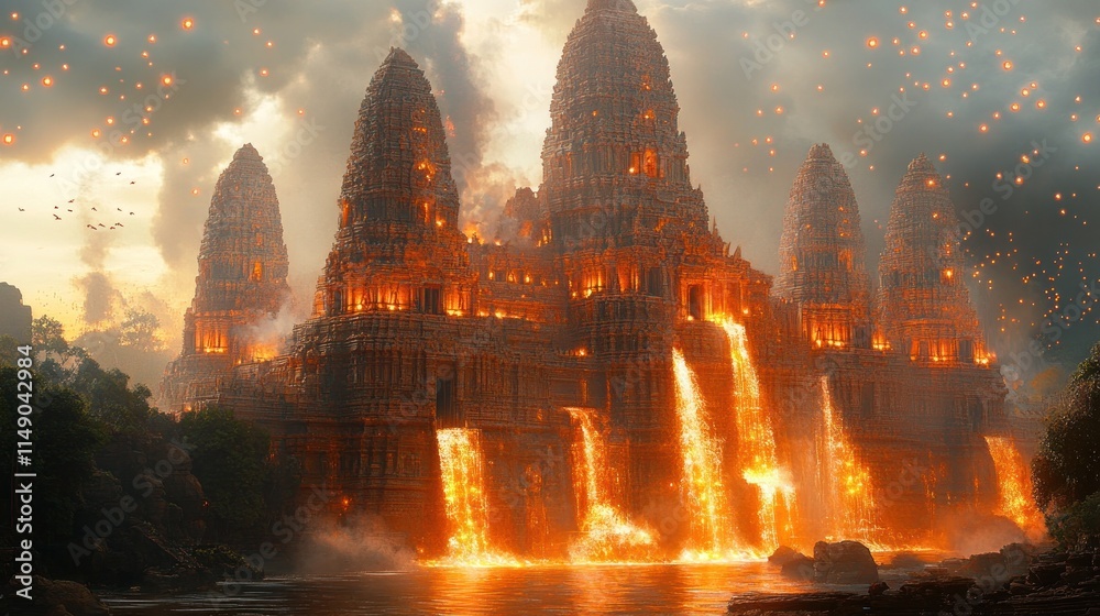 Fototapeta premium A fiery temple surrounded by waterfalls and mystical lights in a dramatic landscape.