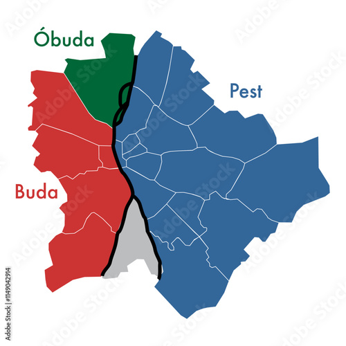 Vector map of the thee cities that comprise Budapest: Buda, Obuda and Pest