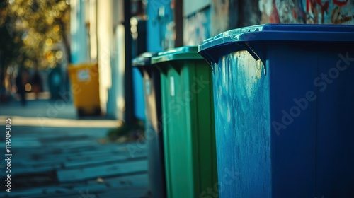 Colorful urban trash bins lined up on sidewalk highlighting waste management and recycling in ecology and environmental pollution
