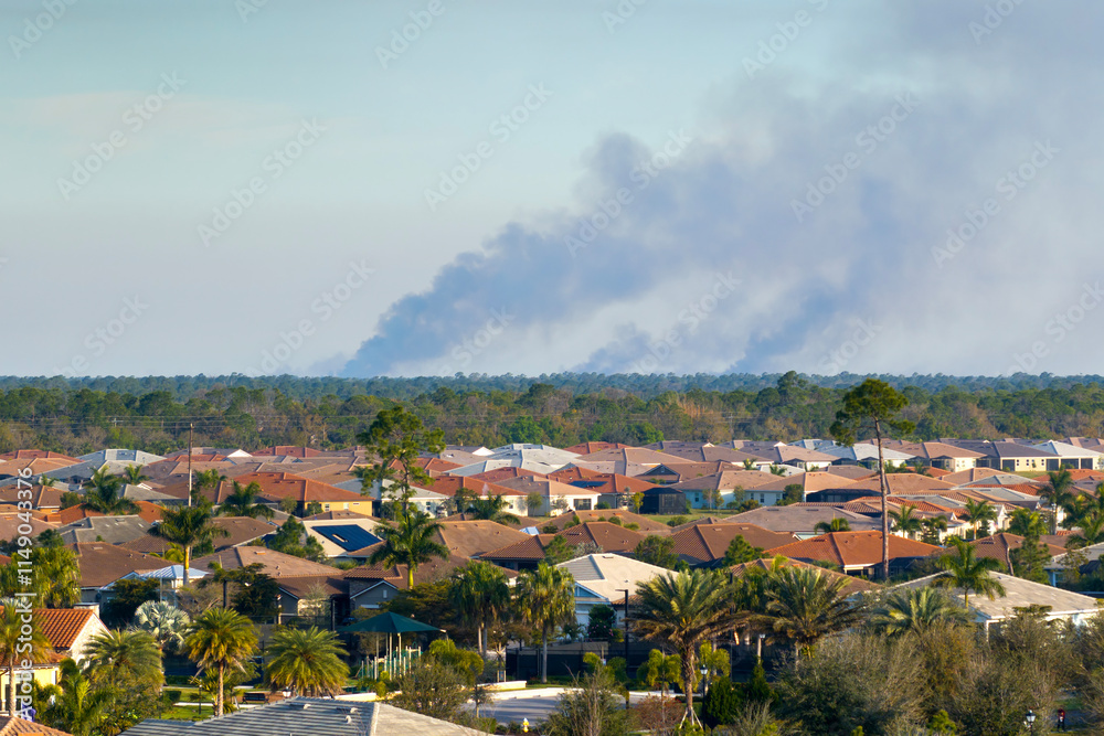 Fototapeta premium Toxic smoke from prescribed forest fire rising up over suburban neighborhood in Florida polluting air