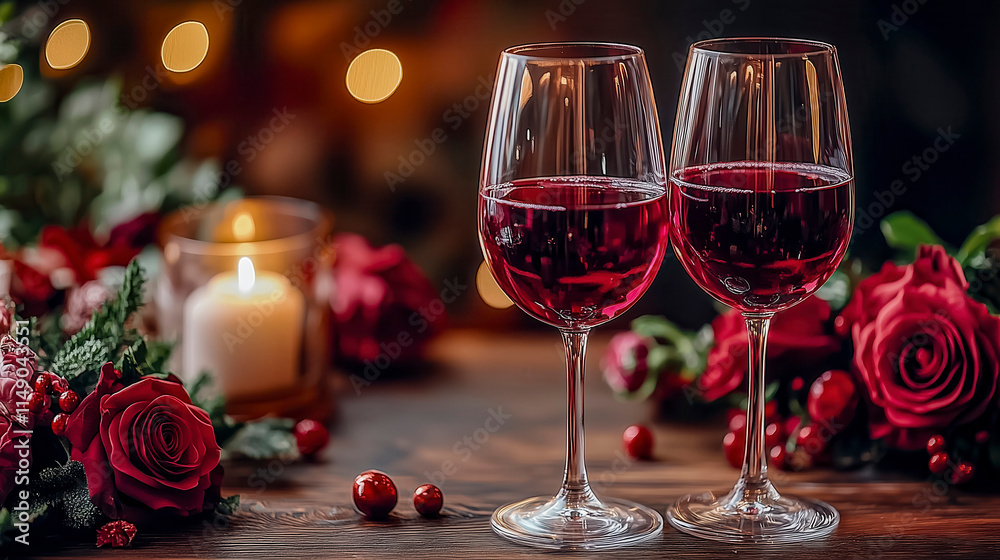 Romantic Dinner Setting With Wine and Roses in a Cozy Restaurant at Night Romantic Dinner Setting With Wine and Roses in a Cozy Restaurant at Night