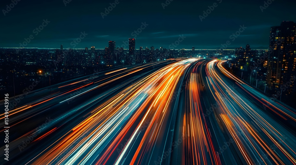 Obraz premium A long exposure night shot of cars speeding across a multi lane highway, their headlights and taillights creating streaks of light against the dark cityscape.