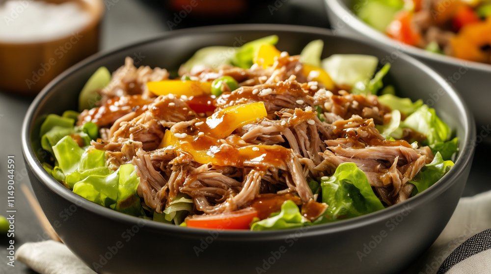 Pulled pork salad dish on neutral background
Pulled pork salad dish on neutral background
