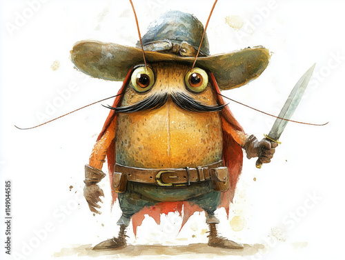 Unique character - cockroach insect in a cowboy costume with a hat, mustache and sword on a bright illustration.

