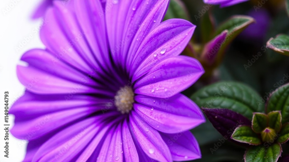 Obraz premium Close-up shot of vibrant purple flower petals and delicate green leaves, shot, nature