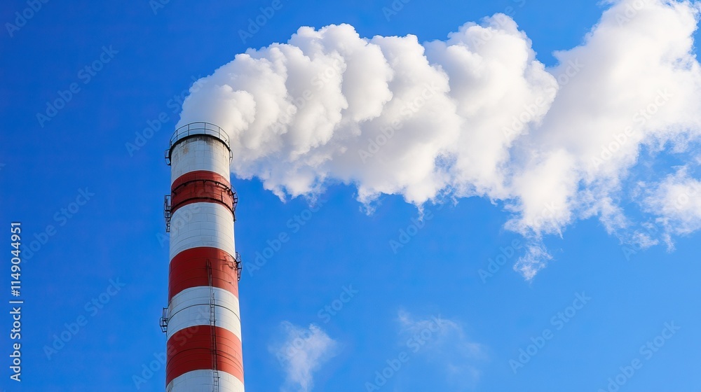 Industrial chimney emitting thick smoke against blue sky highlighting air pollution and environmental impact on ecology Industrial chimney emitting thick smoke against blue sky highlighting air pollution and environmental impact on ecology