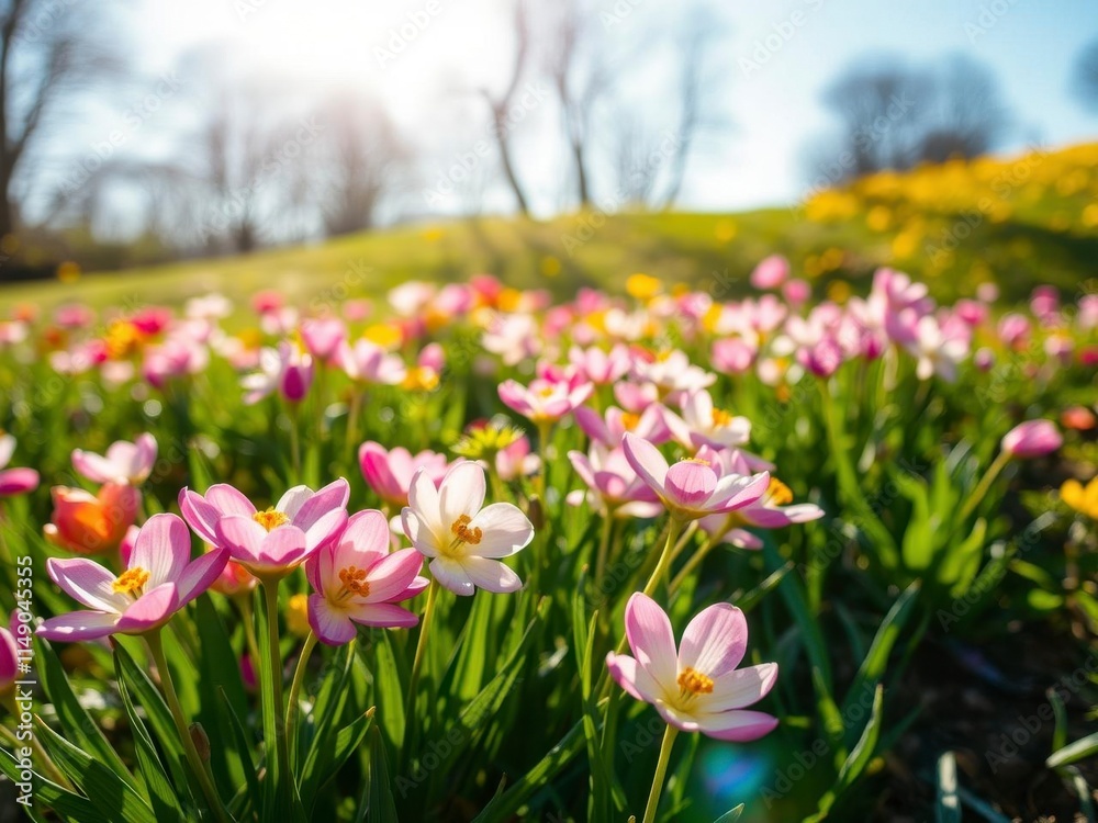 Obraz premium Field of vibrant yellow daffodil flowers blooming under a clear blue sky, seasonal, bright