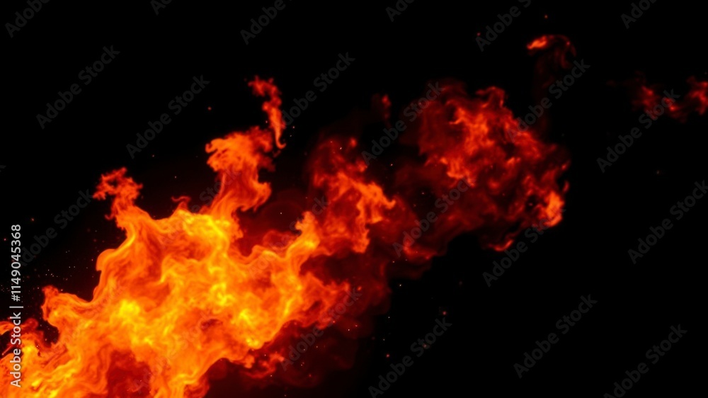 Fototapeta premium Fiery orange and red flames engulfing a black background, bright, power, burning