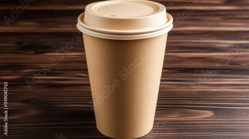 A tall disposable paper coffee cup with a beige lid sits on a dark brown wooden surface. photo