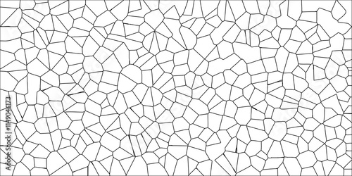 Abstract White Colored Broken Stained-Glass Geometric Retro Tiles Pattern w Black Lines & Quartz Crystal Voronoi Diagram Background for Website, Fabric Printing, Brochures, Luxury/Premium Packaging