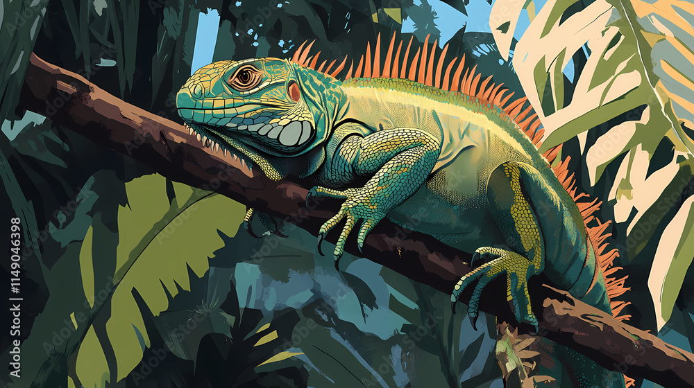 Green iguana on a branch. Basilisk. Illustration Green iguana on a branch. Basilisk. Illustration